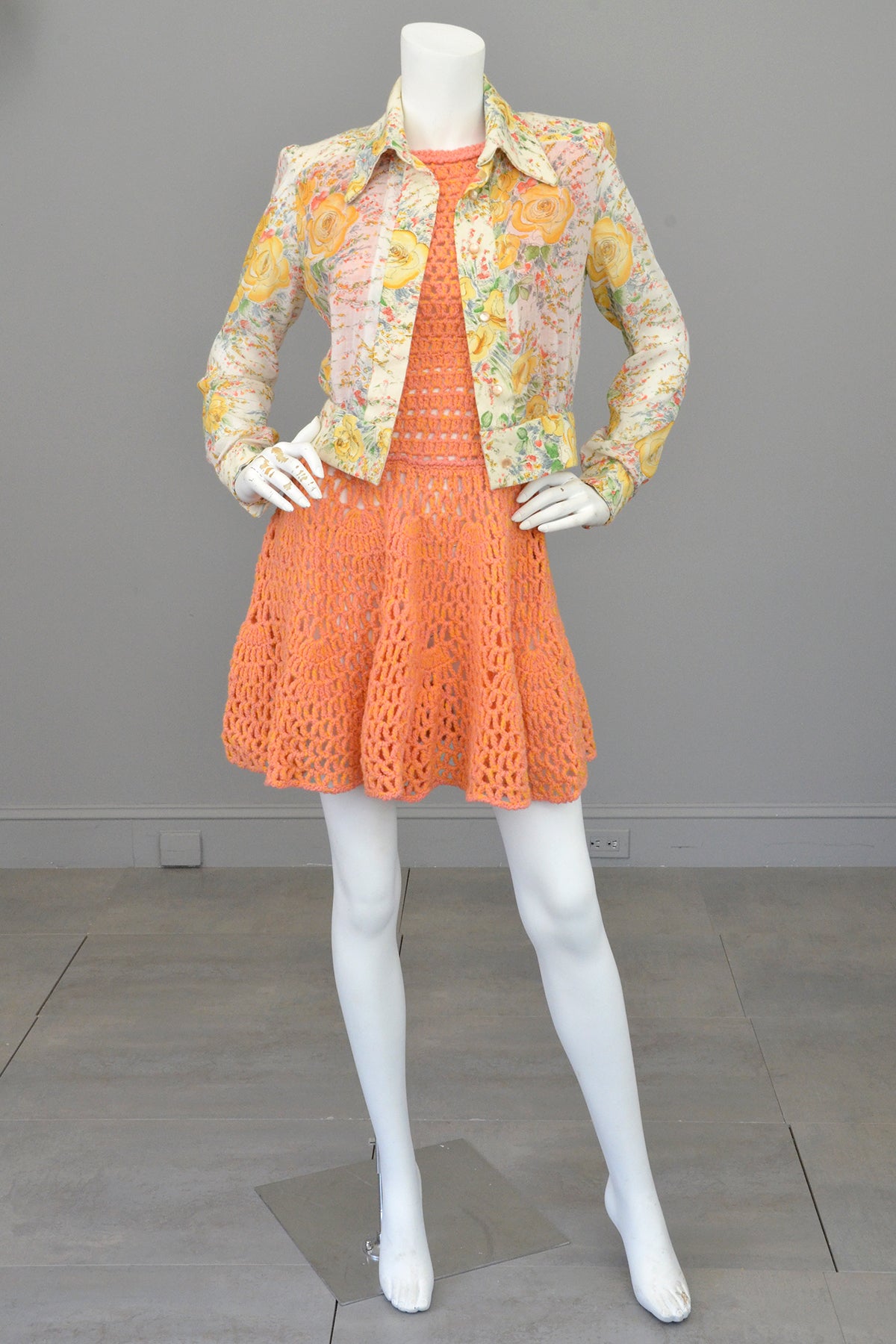 1960s 70s Pink + Yellow = Orange Yarn Crochet Mini Dress