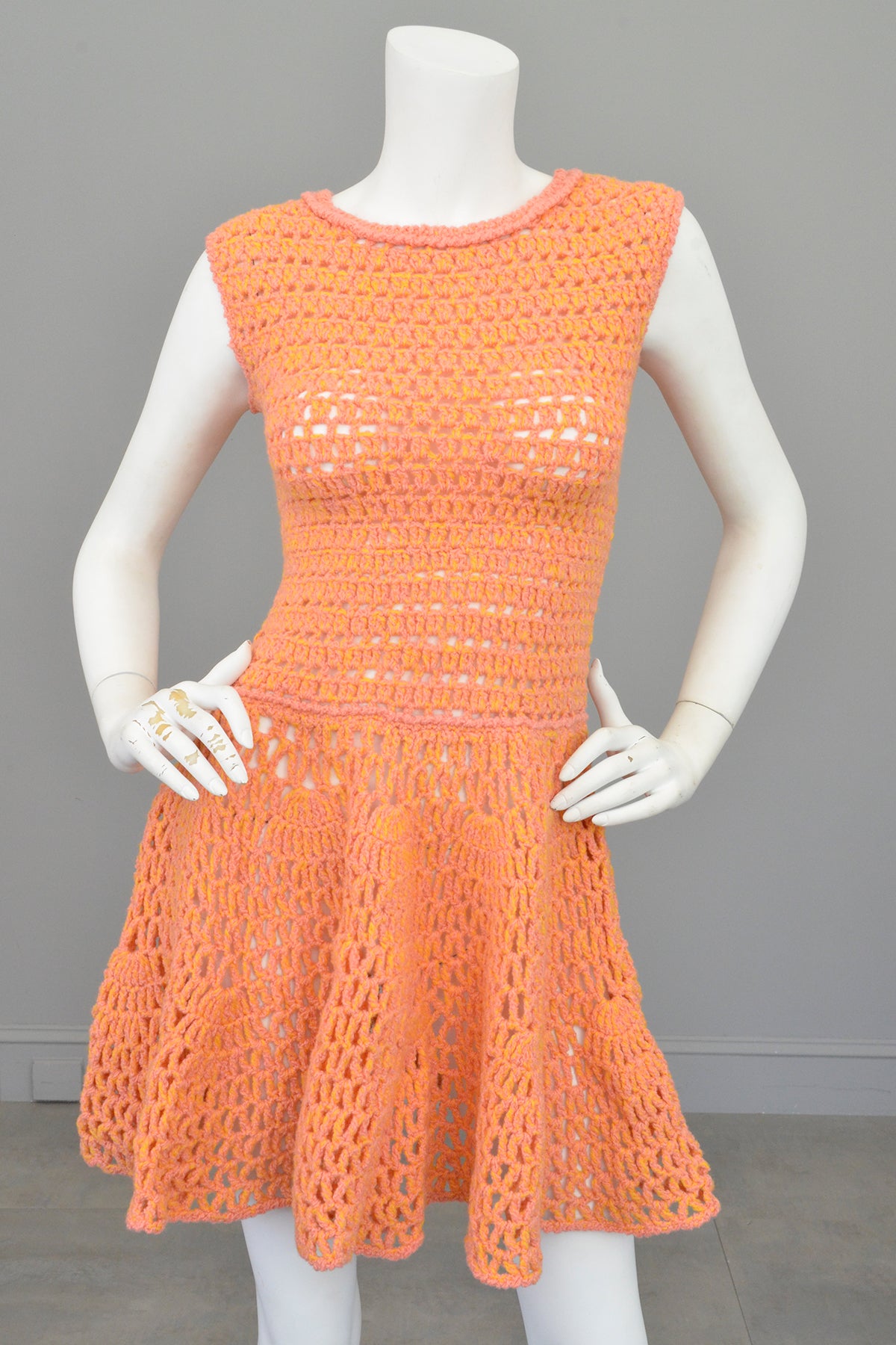 1960s 70s Pink + Yellow = Orange Yarn Crochet Mini Dress | VintageVirtuosa 1960s 70s Pink + Yellow = Orange Yarn Crochet Mini Dress | VintageVirtuosa