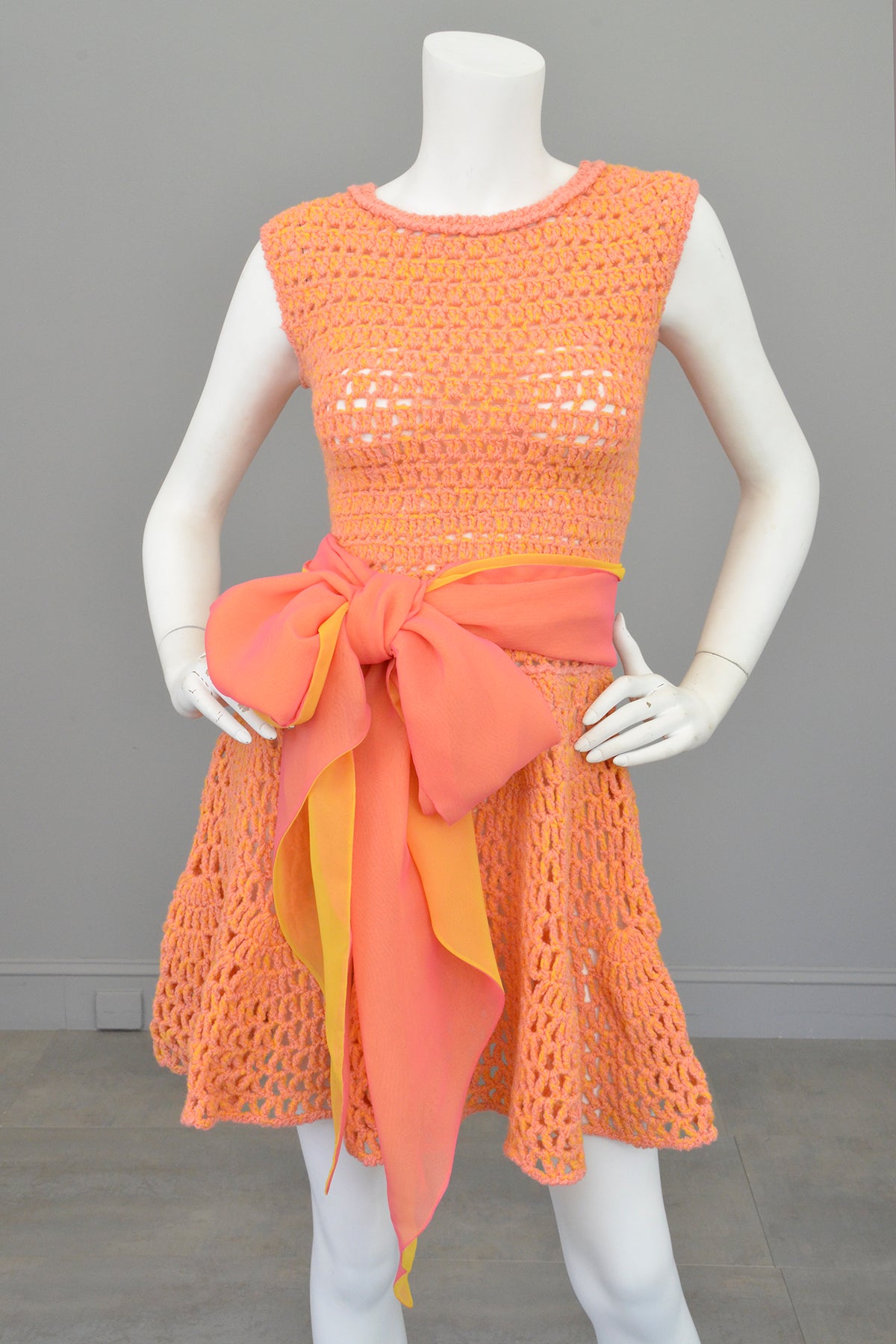 1960s 70s Pink + Yellow = Orange Yarn Crochet Mini Dress | VintageVirtuosa 1960s 70s Pink + Yellow = Orange Yarn Crochet Mini Dress | VintageVirtuosa