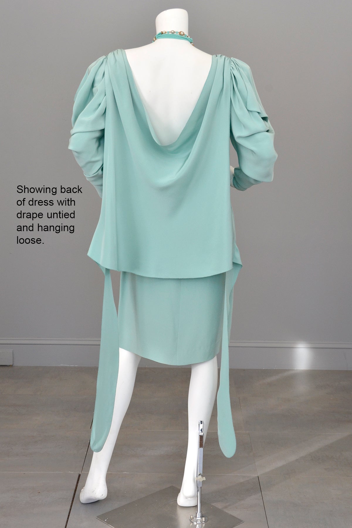 1980s Powder Aqua Blue Drape Back Open Shoulder Dramatic Disco Era Dress