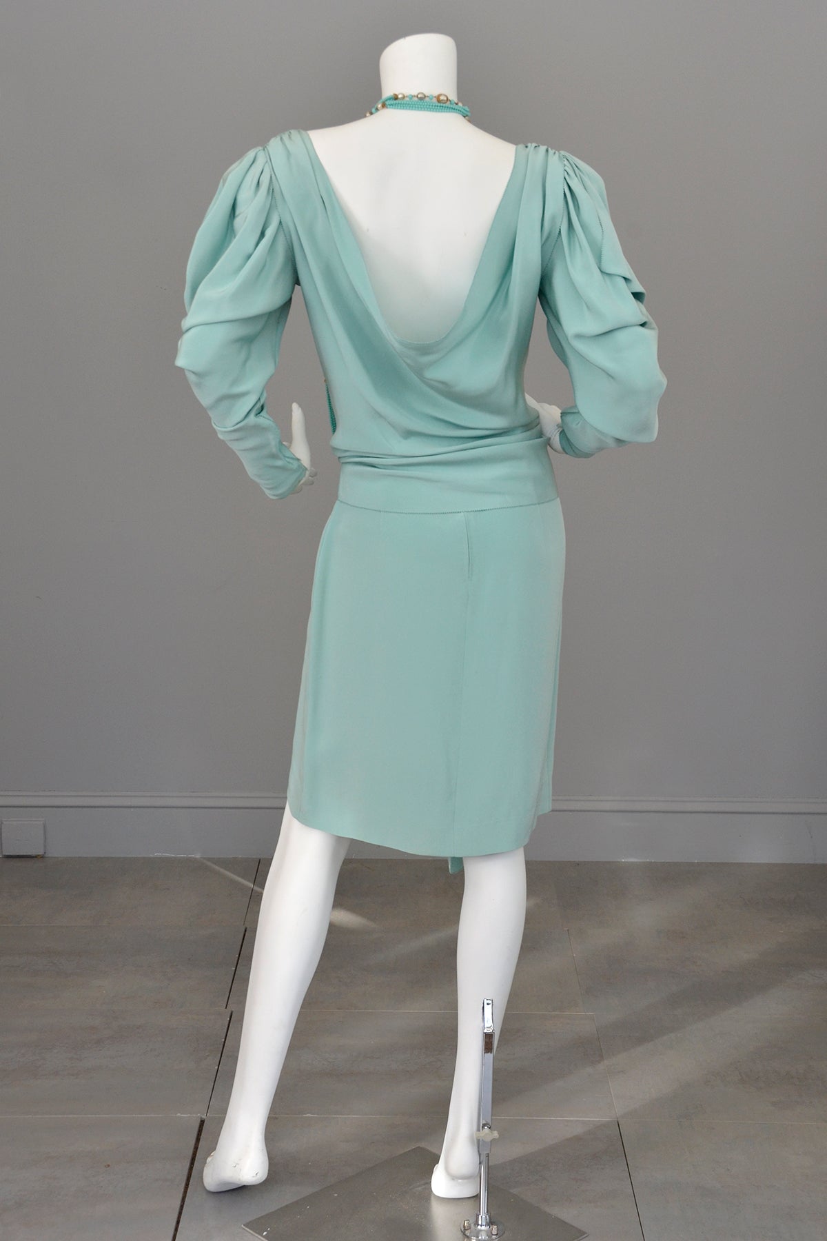 1980s Powder Aqua Blue Drape Back Open Shoulder Dramatic Disco Era Dre | VintageVirtuosa 1980s Powder Aqua Blue Drape Back Open Shoulder Dramatic Disco Era Dre | VintageVirtuosa