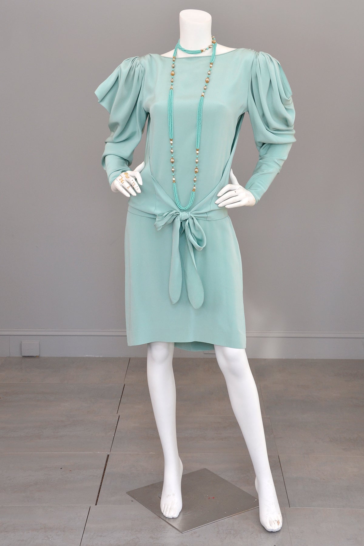1980s Powder Aqua Blue Drape Back Open Shoulder Dramatic Disco Era Dress 1980s Powder Aqua Blue Drape Back Open Shoulder Dramatic Disco Era Dress