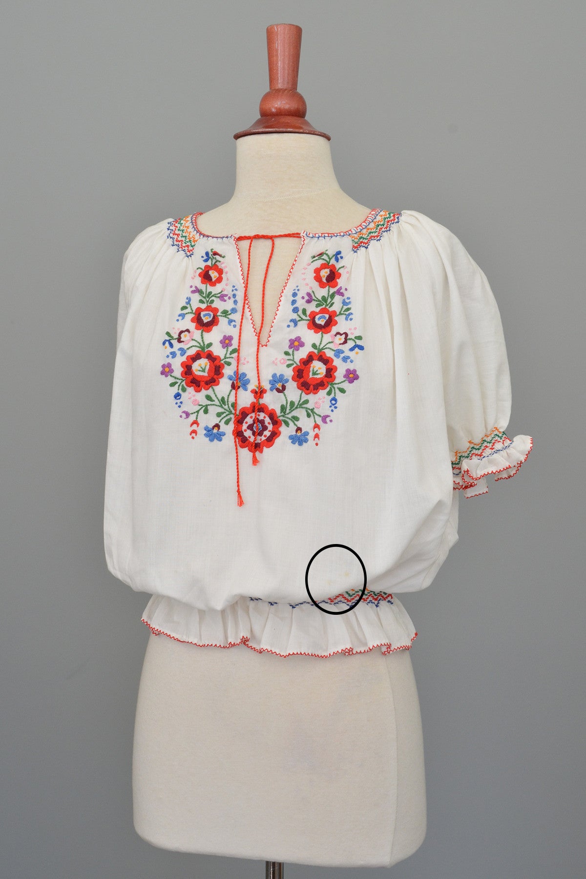 Embroidered Red Blue Flowers Vintage Peasant Top