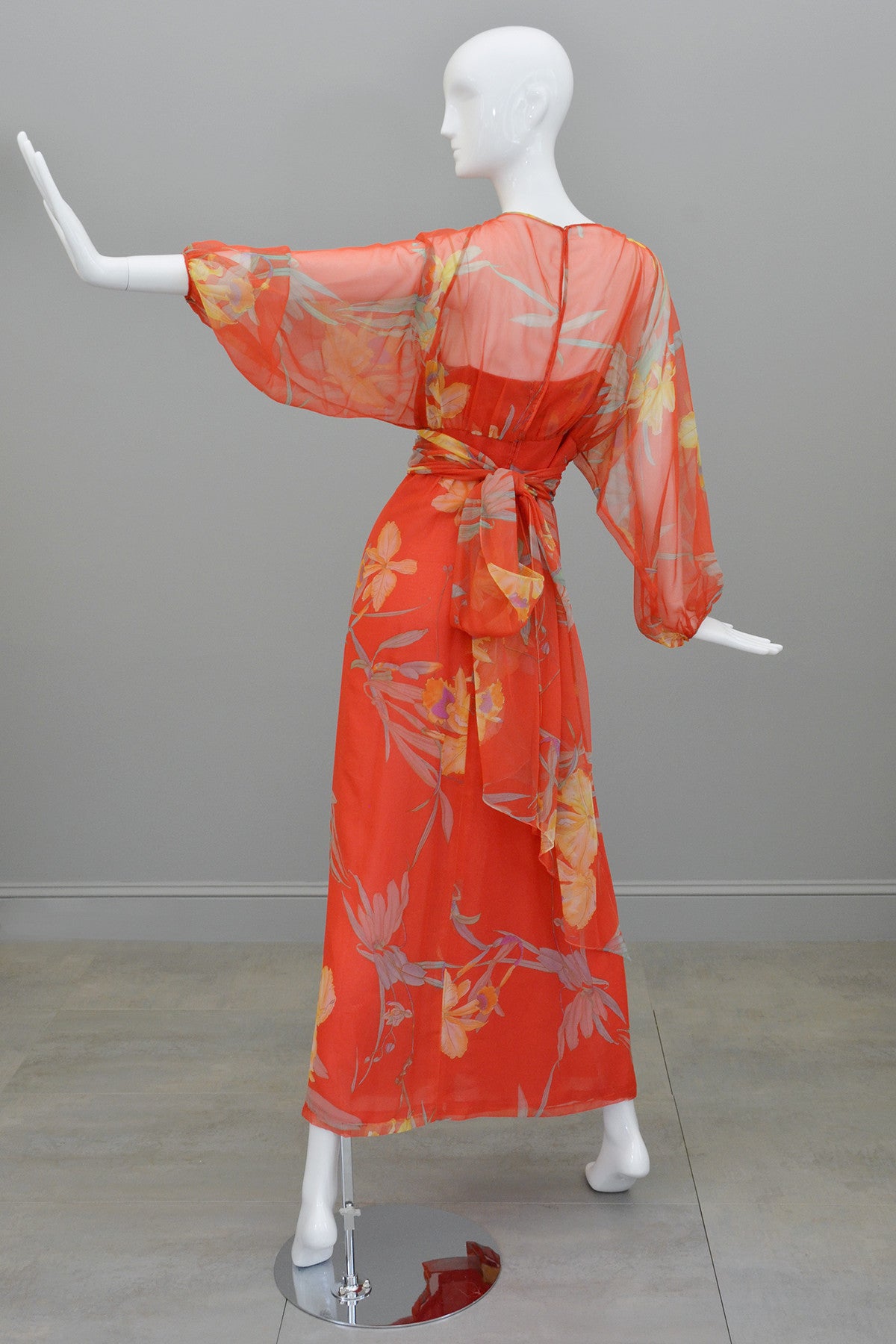 1960s 70s Designer Floral Print Chiffon Obi Sash Kimono Maxi Dress fro | VintageVirtuosa 1960s 70s Designer Floral Print Chiffon Obi Sash Kimono Maxi Dress fro | VintageVirtuosa
