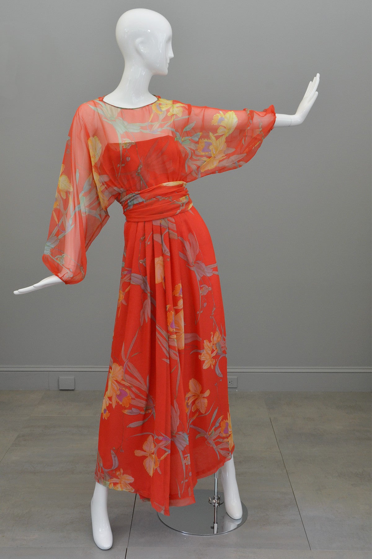 1960s 70s Designer Floral Print Chiffon Obi Sash Kimono Maxi Dress from Bergdorf Goodman