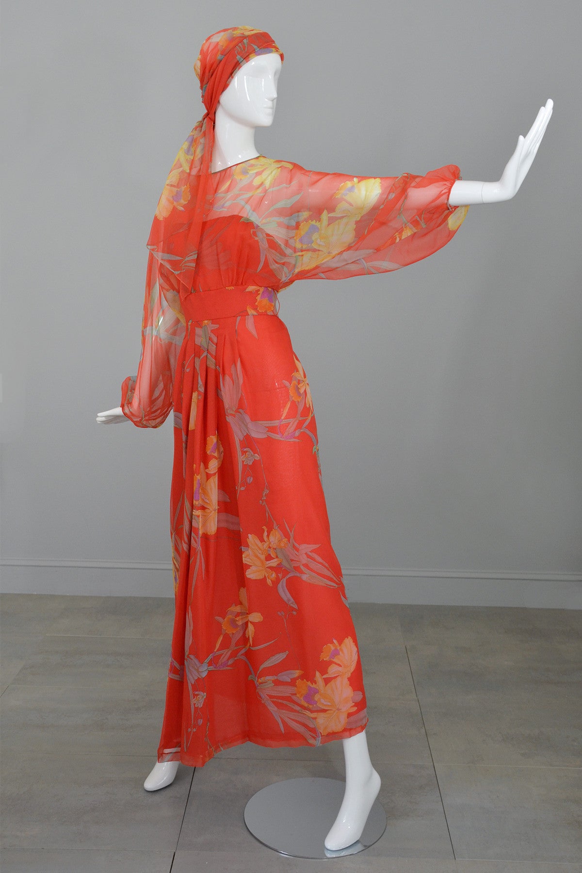 1960s 70s Designer Floral Print Chiffon Obi Sash Kimono Maxi Dress from Bergdorf Goodman