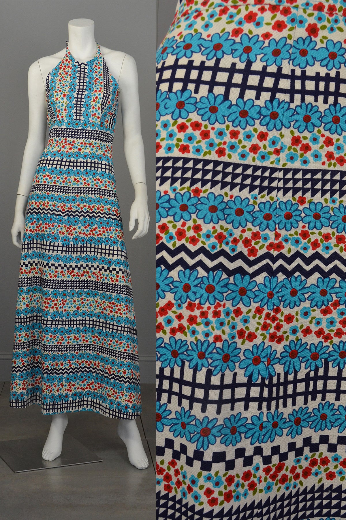 1960's Retro Print Hippie Maxi Halter Dress | VintageVirtuosa 1960's Retro Print Hippie Maxi Halter Dress | VintageVirtuosa