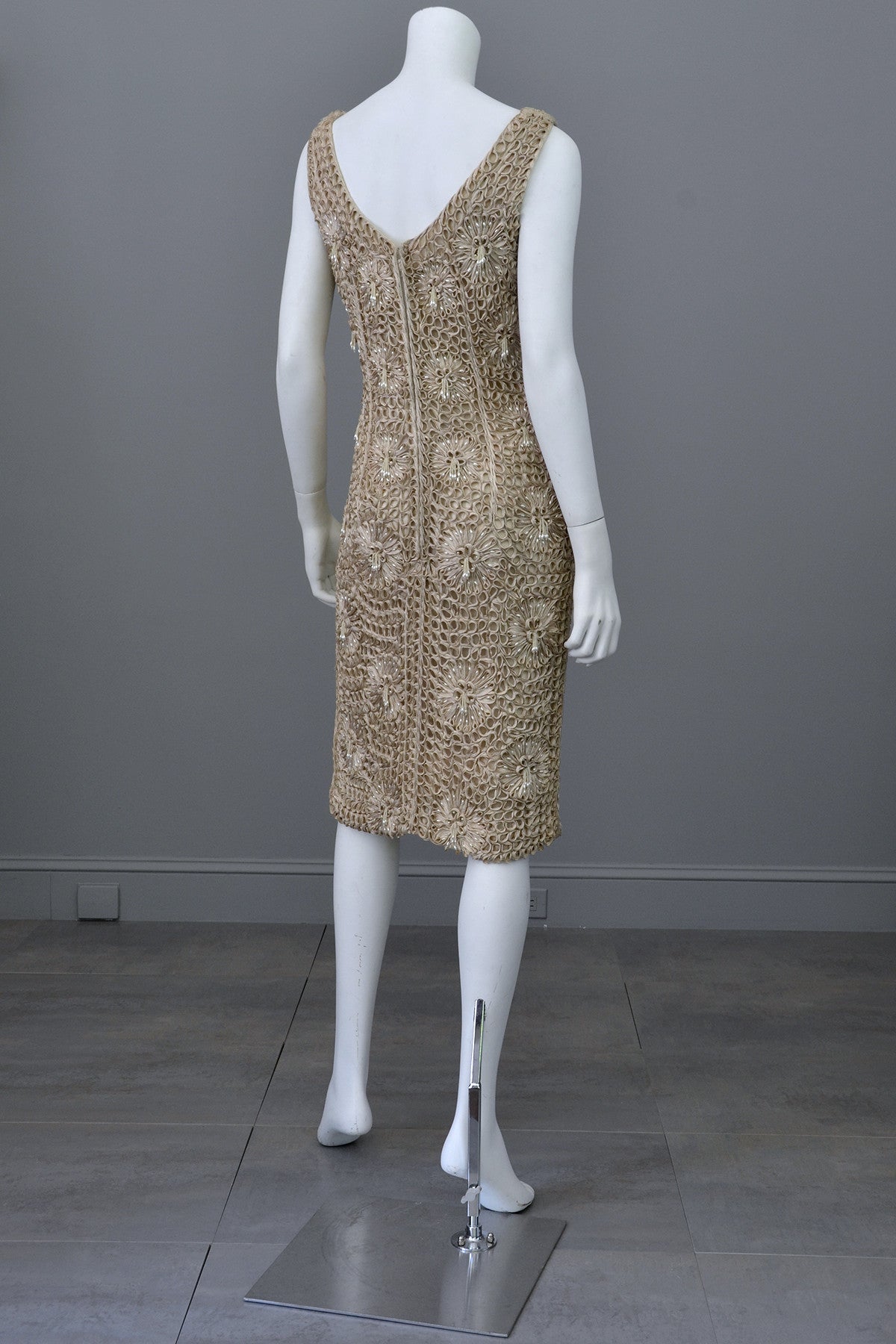 Taupe Ribbon Crochet Dress with Pearl Finge Drops, Vintage Wiggle Cock | VintageVirtuosa Taupe Ribbon Crochet Dress with Pearl Finge Drops, Vintage Wiggle Cock | VintageVirtuosa
