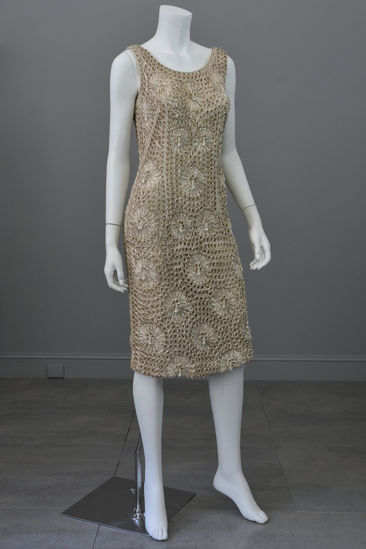 Taupe Ribbon Crochet Dress with Pearl Finge Drops, Vintage Wiggle Cocktail Dress