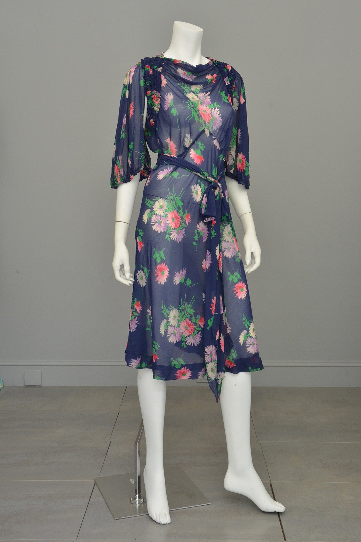 1930s Navy Blue Sheer Crepe Floral Novelty Print Keyhole Dress | VintageVirtuosa 1930s Navy Blue Sheer Crepe Floral Novelty Print Keyhole Dress | VintageVirtuosa