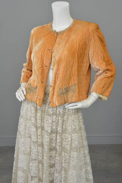 1930s Apricot Quilted Silk Velvet Bed Jacket Shrug