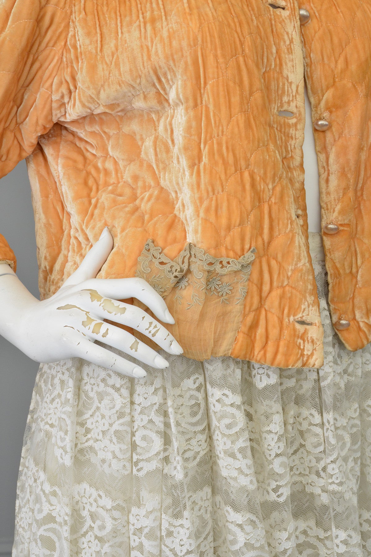1930s Apricot Quilted Silk Velvet Bed Jacket Shrug