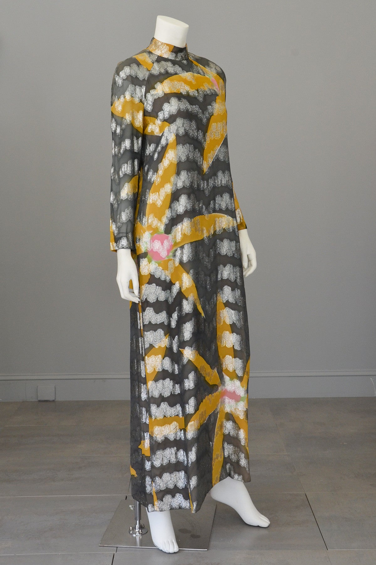 Vintage 70s Silver Lame Goldenrod and Charcoal Retro MOD Maxi Dress