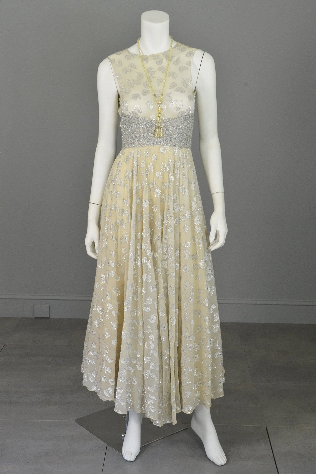 60s 70s Silver Metallic Lame on Cream Chiffon Maxi Dress Gown Adele Si ...