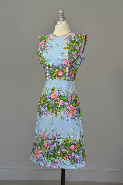 1970s Sky Blue Retro Print Garden Party Dress, Size XS