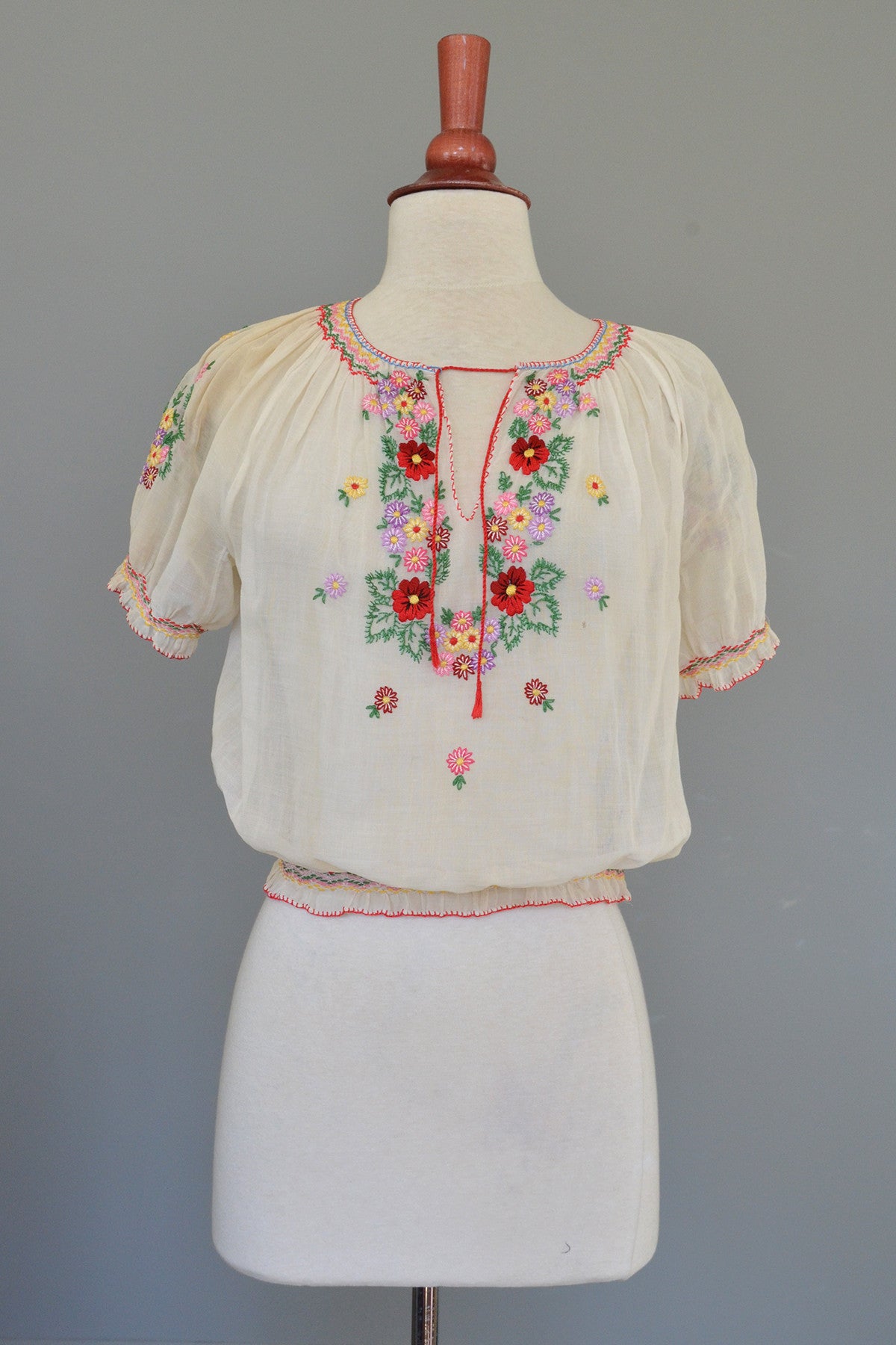 Off White Chiffon Embroidered Spring Flowers Peasant Top | VintageVirtuosa