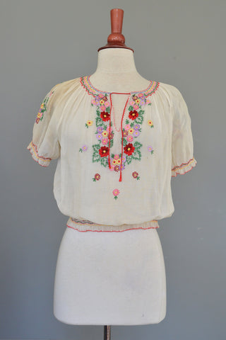 Off White Chiffon Embroidered Spring Flowers Peasant Top