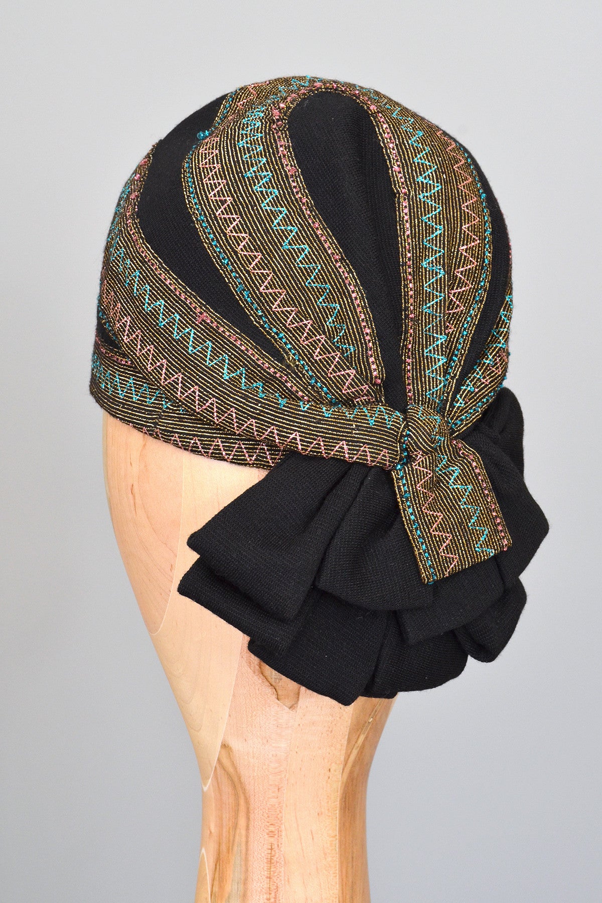 1950s Black Cloche Turban with Blue Pink Gold Metallic Weave
