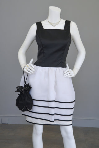 1980s Victor Costa Black White Peplum Skirt Cocktail Party Dress