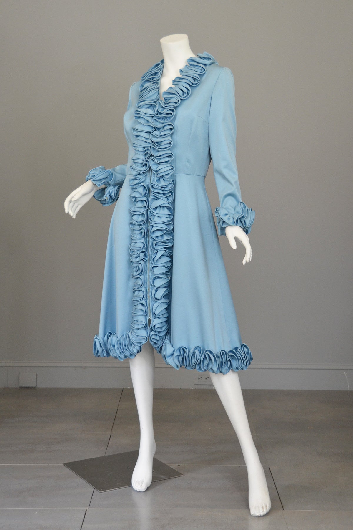 1960s 60s Mod Blue Ruffle A-Line Vintage Dress