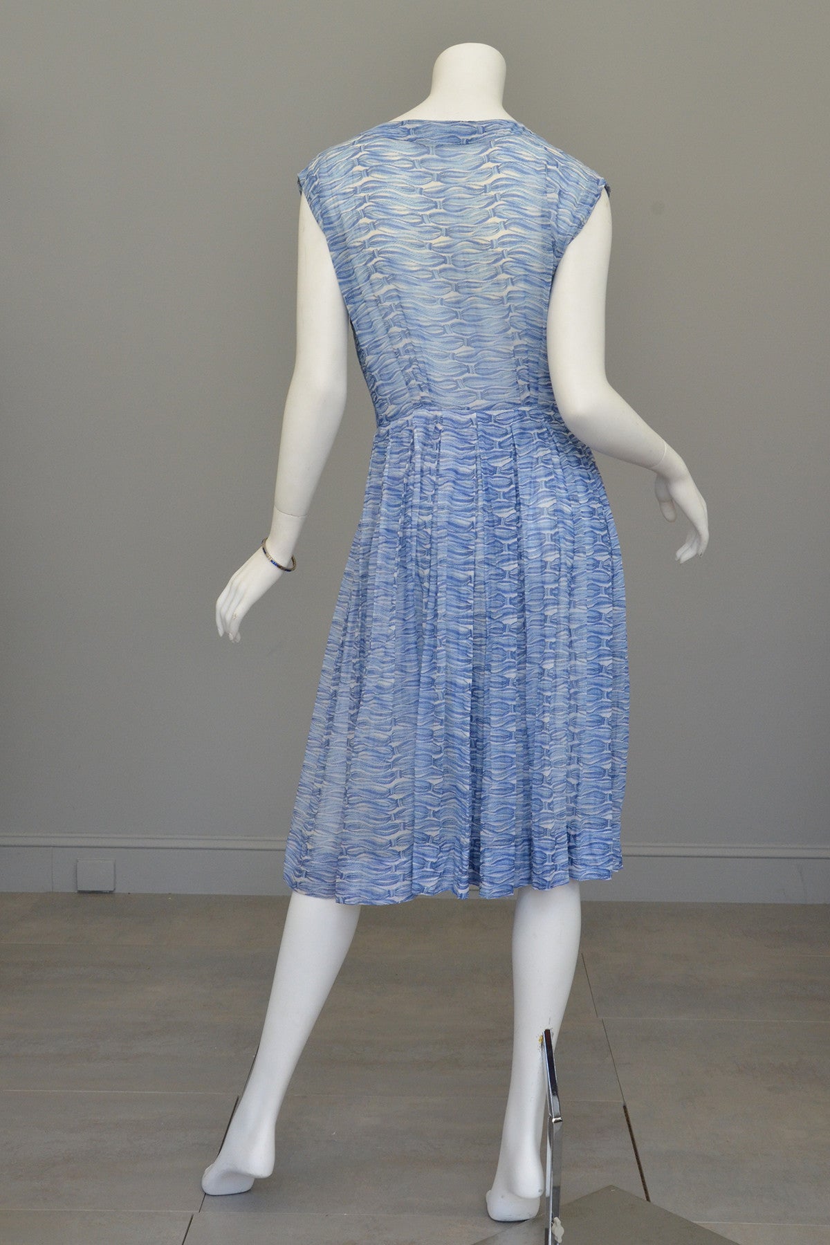 1950s Oceanic Blue Smocked Sundress with Crystal Buttons