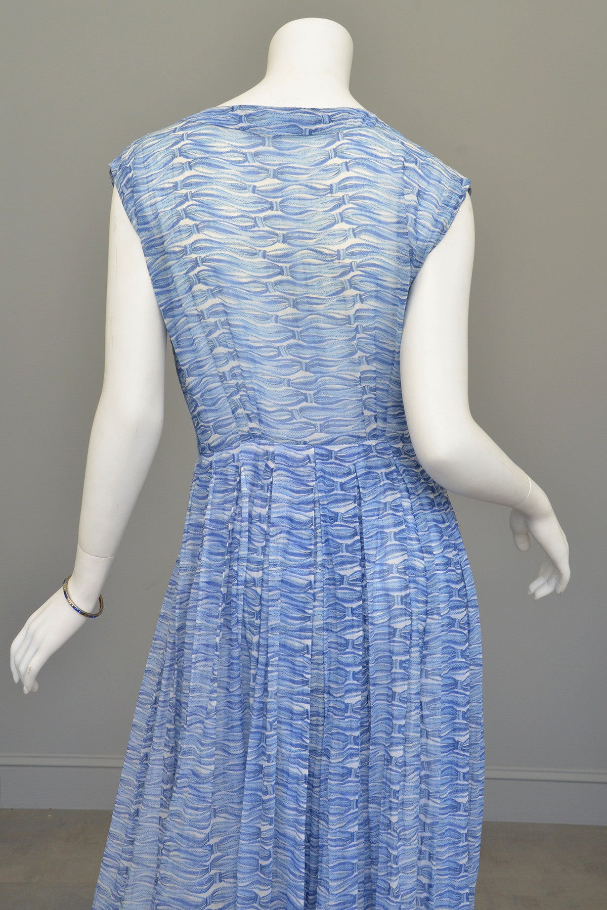 1950s Oceanic Blue Smocked Sundress with Crystal Buttons