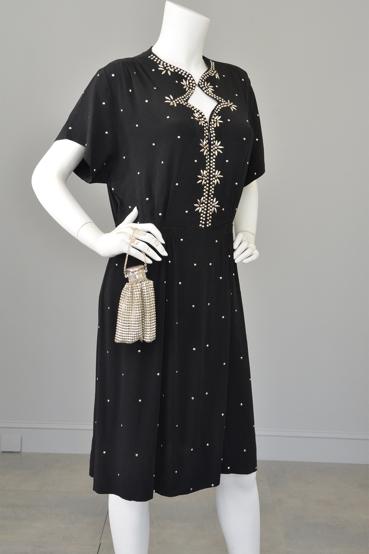 1930s 40s Studded Black Crepe Keyhole Neckline Vintage Dress, Size L ...