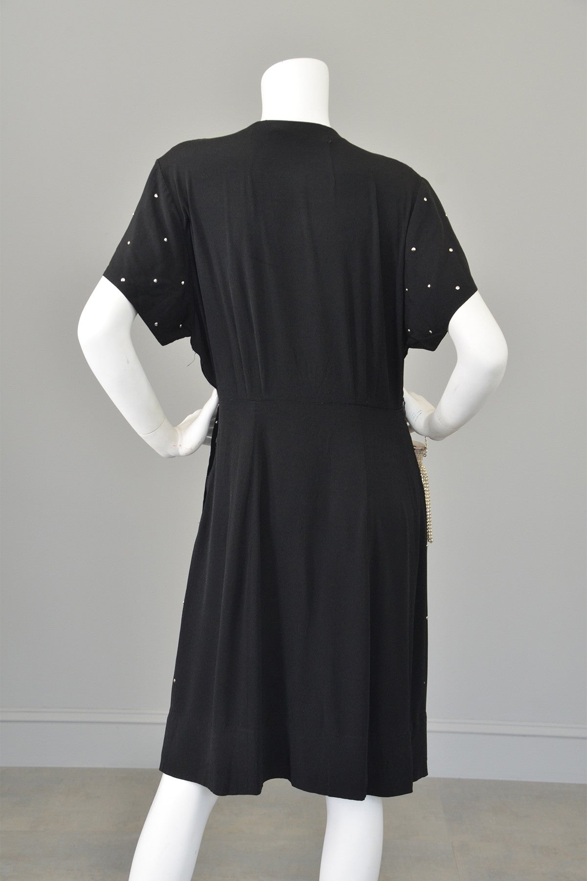 1930s 40s Studded Black Crepe Keyhole Neckline Vintage Dress,  Size L