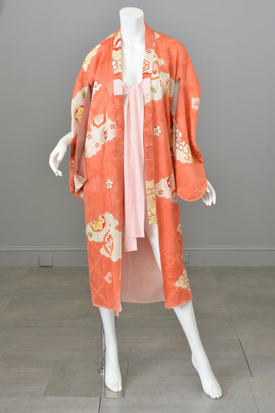 Vintage Kimono Coral and Pink Retro Floral and Cloud Print