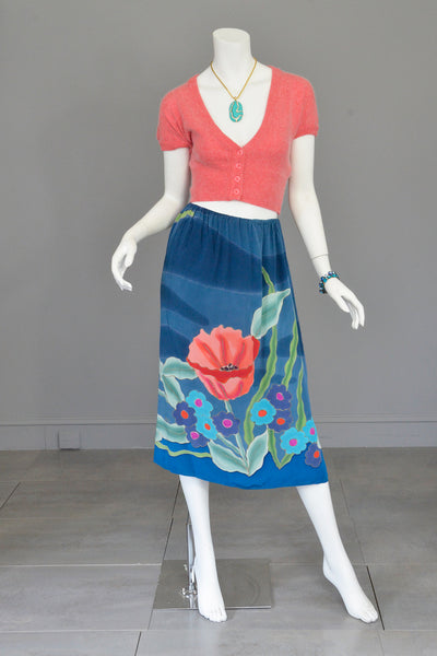 1970s Hand Dyed Painted Poppy Floral Print Silk Skirt