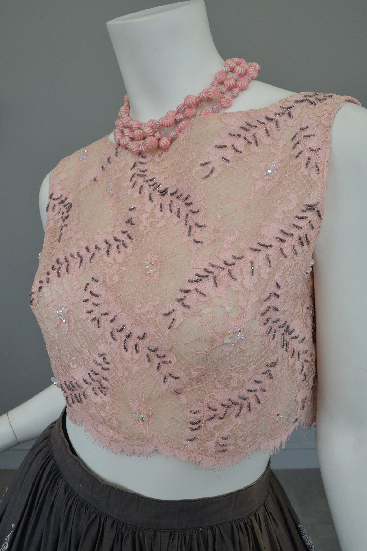 Vintage Pink Lace Beaded Pinup Crop Top