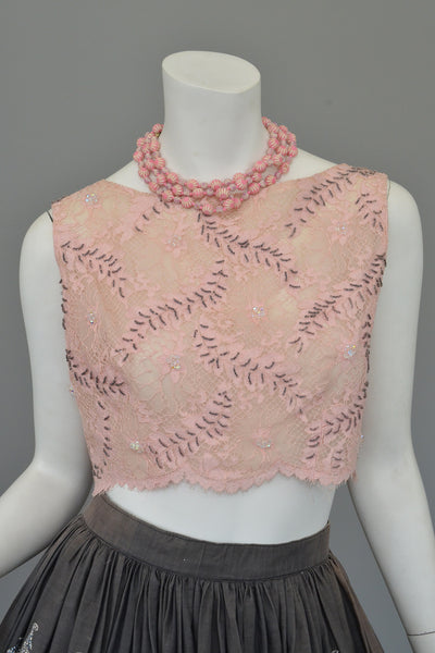 Vintage Pink Lace Beaded Pinup Crop Top