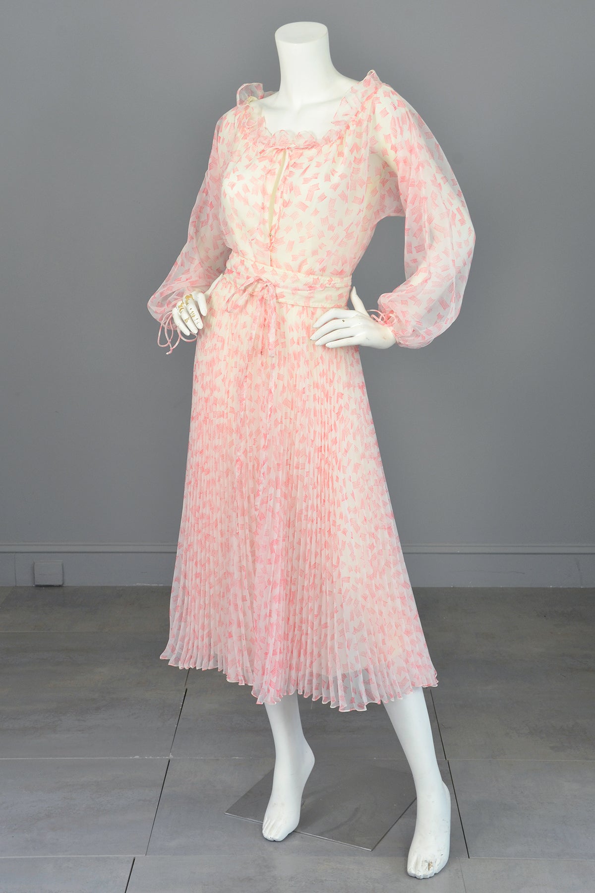 vintage peasant dress 1970s Vintage Albert Capraro Poly Chiffon Retro Ruffles Pleats Peasant Dress