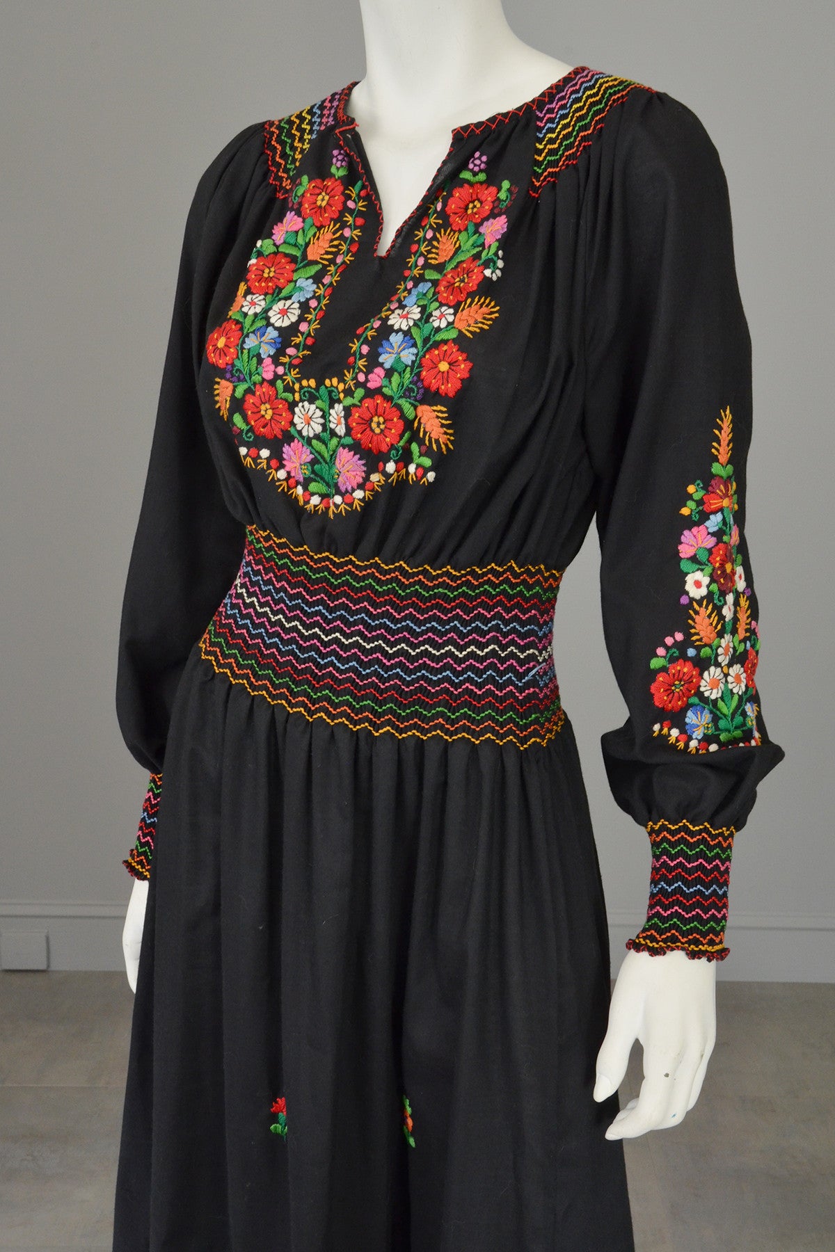 Vtg Embroidered Flowers on Black Hungarian style Peasant Dress