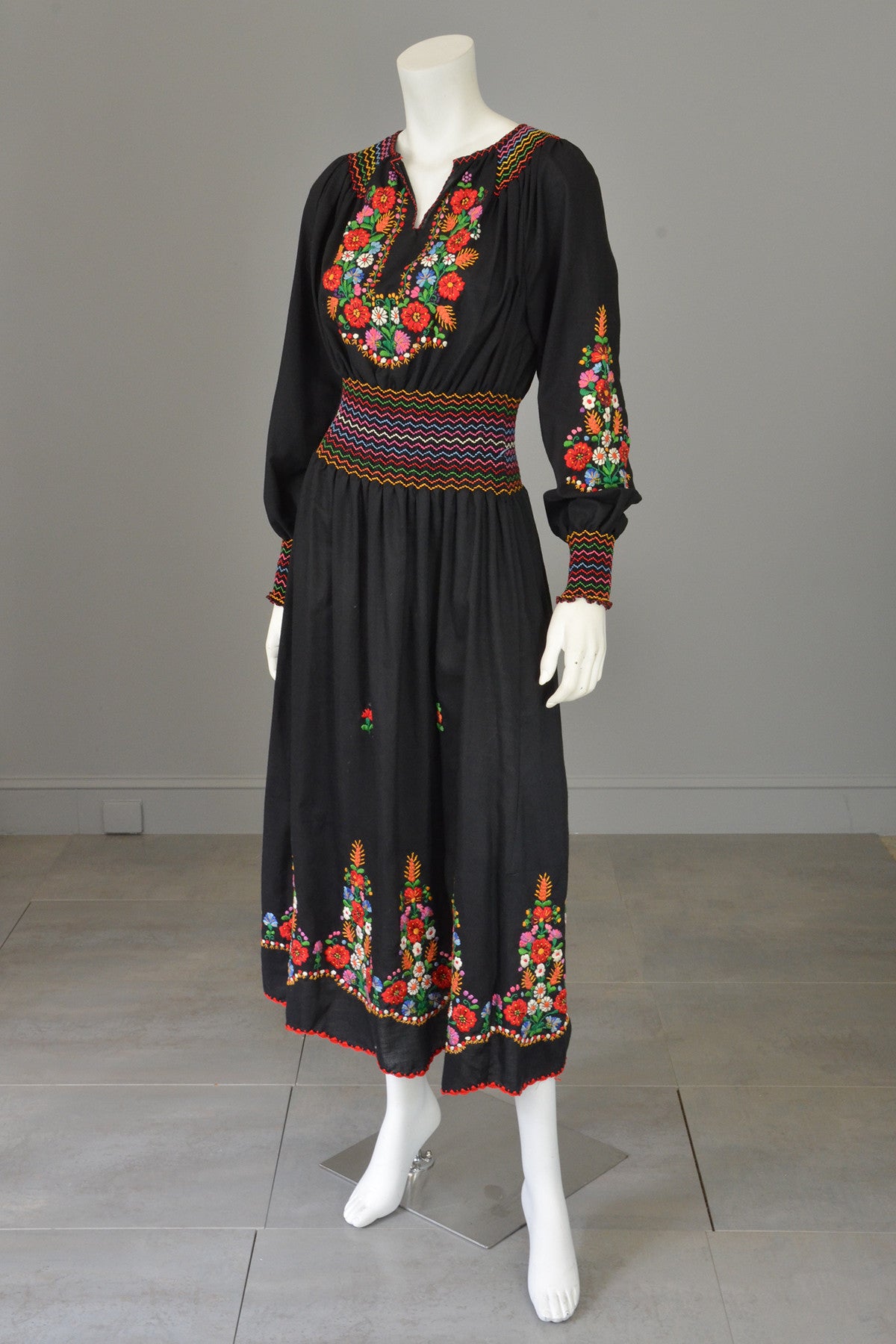 Vtg Embroidered Flowers on Black Hungarian style Peasant Dress