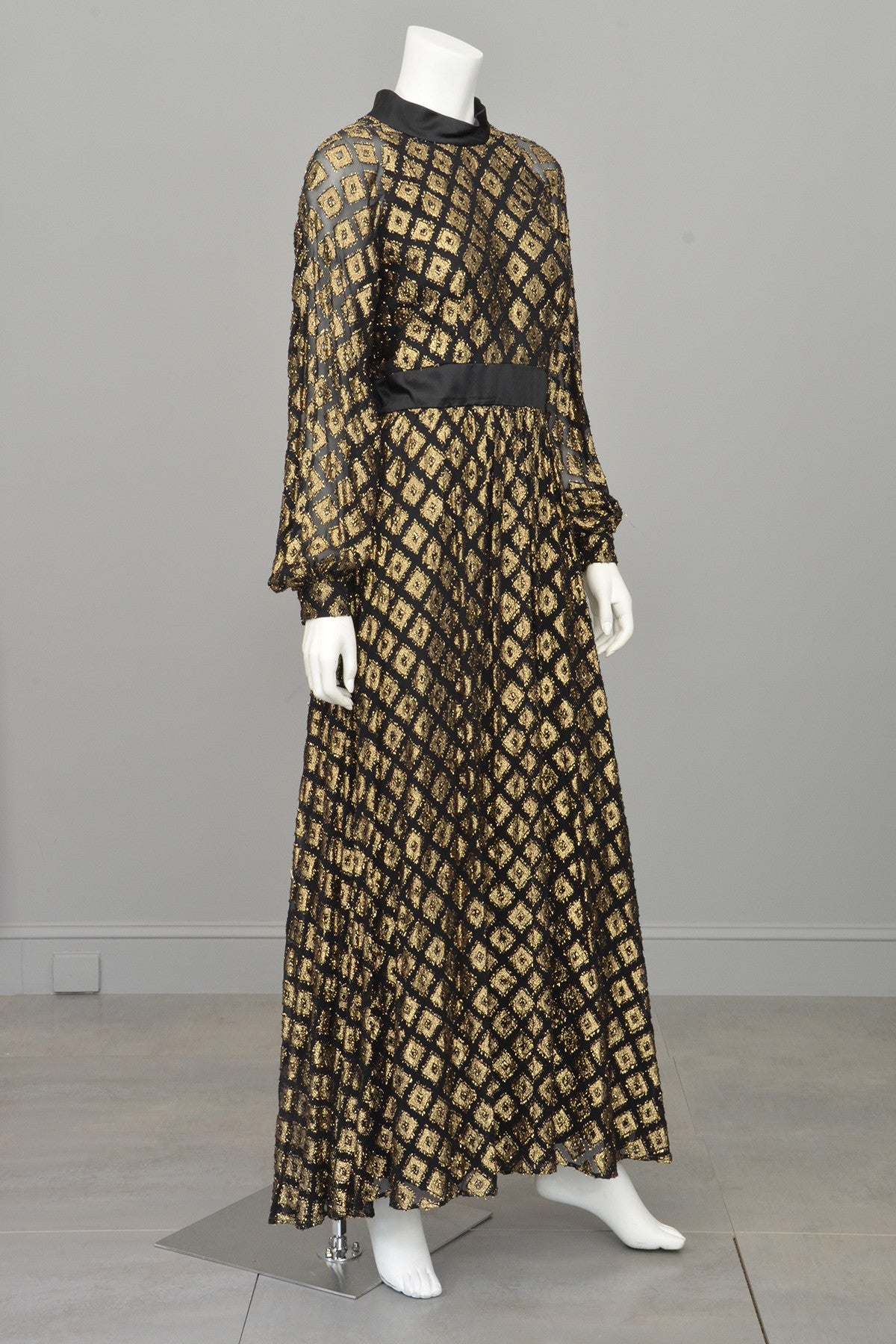 1970s Black Chiffon Gold Lam Full Skirt Maxi Dress Gown | VintageVirtuosa 1970s Black Chiffon Gold Lam Full Skirt Maxi Dress Gown | VintageVirtuosa