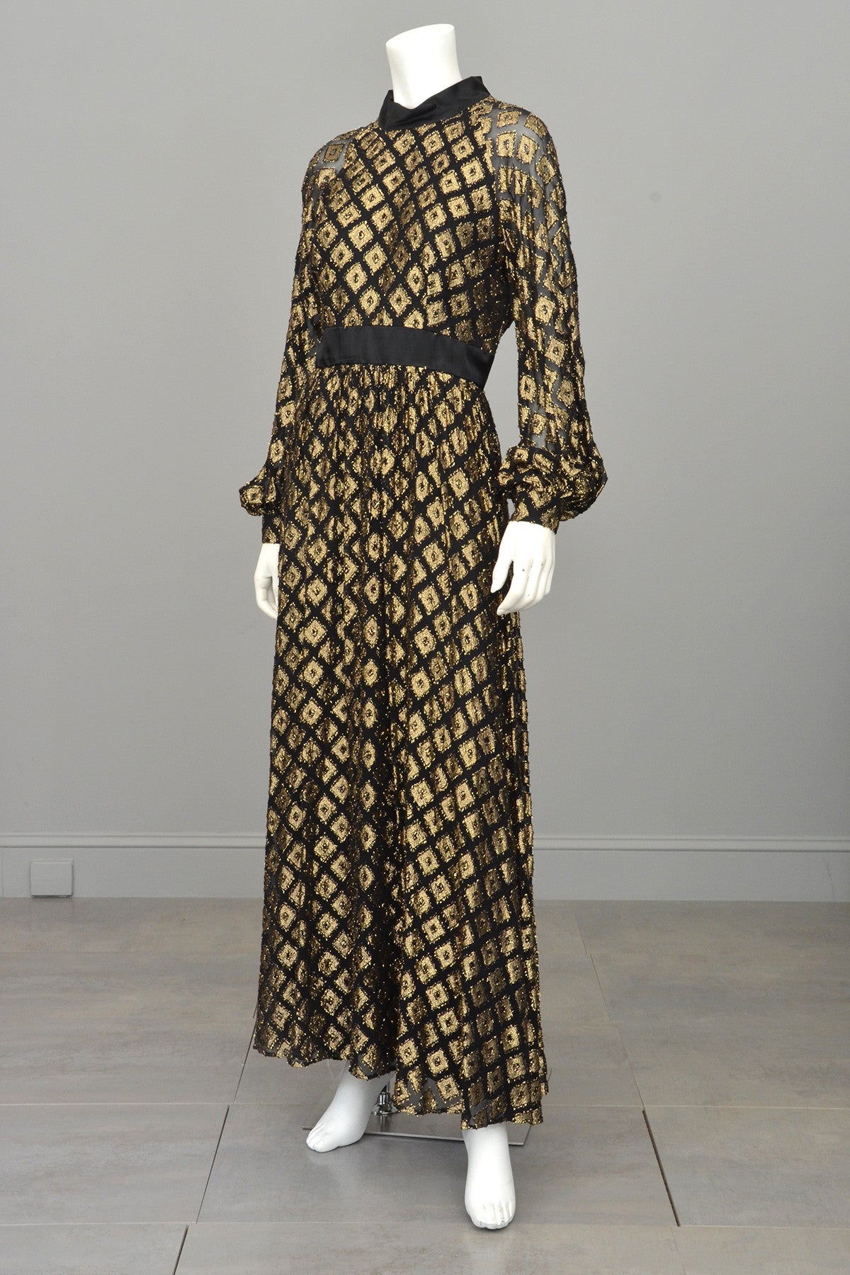 1970s Black Chiffon Gold Lam Full Skirt Maxi Dress Gown | VintageVirtuosa 1970s Black Chiffon Gold Lam Full Skirt Maxi Dress Gown | VintageVirtuosa