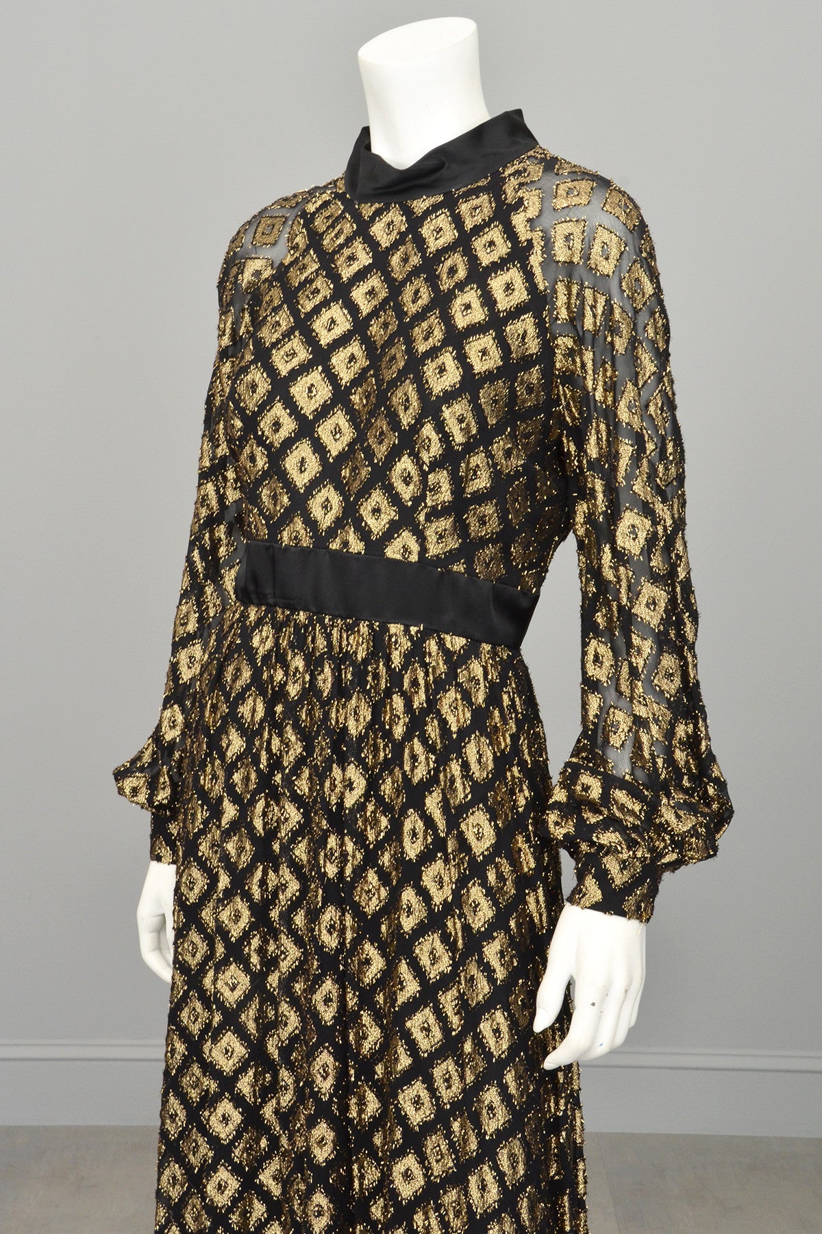 1970s Black Chiffon Gold Lamé Full Skirt Maxi Dress Gown