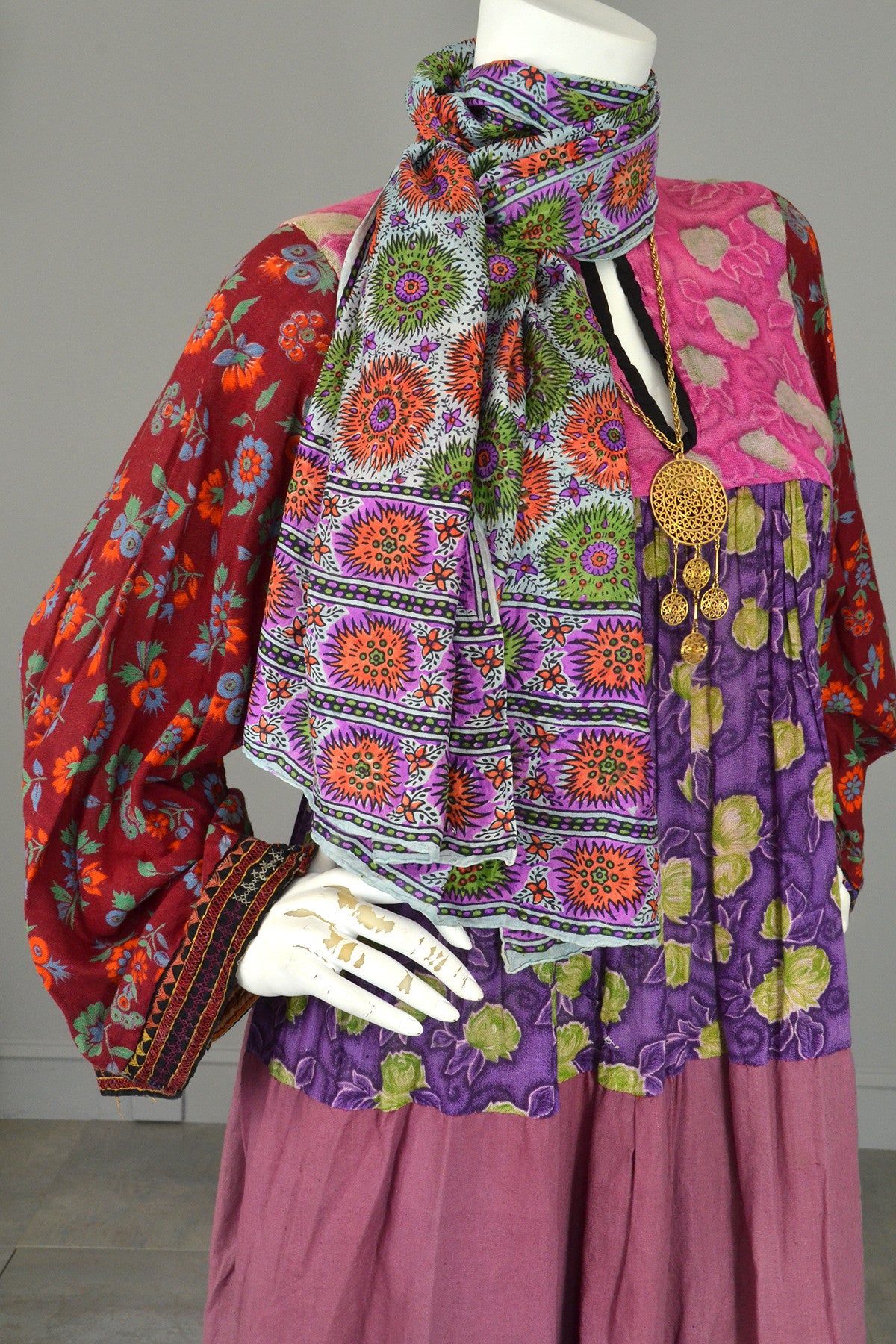 1970s Embroidered Hand-Pieced Patchwork Bell Sleeves India Dress