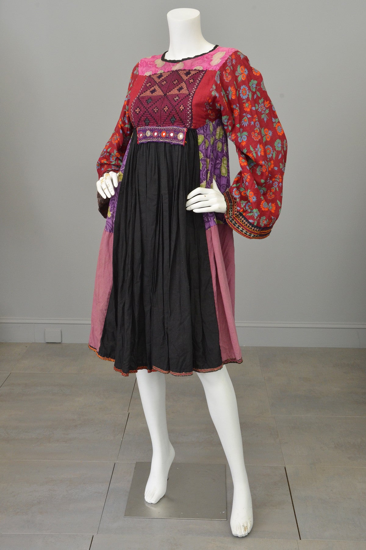 1970s Embroidered Hand-Pieced Patchwork Bell Sleeves India Dress 1970s Embroidered Hand-Pieced Patchwork Bell Sleeves India Dress