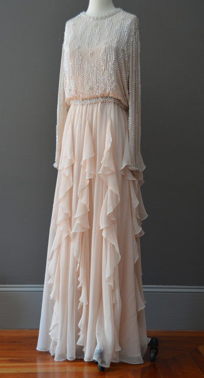 1970s Beaded Silk Chiffon Flutter Hem Gown Maxi Dress | VintageVirtuosa 1970s Beaded Silk Chiffon Flutter Hem Gown Maxi Dress | VintageVirtuosa