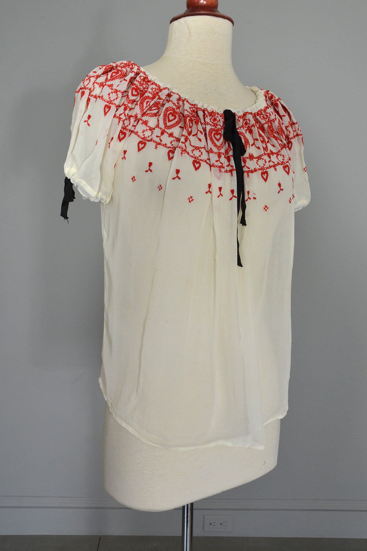Red Hearts on Pearly White Nylon Chiffon Peasant Top