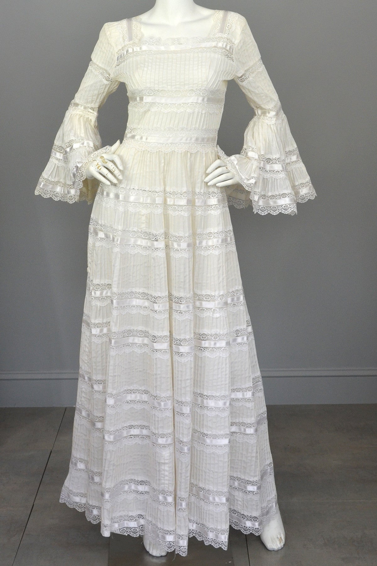 1970s Vintage Mexican Wedding Dress with Bell Sleeves and Lace