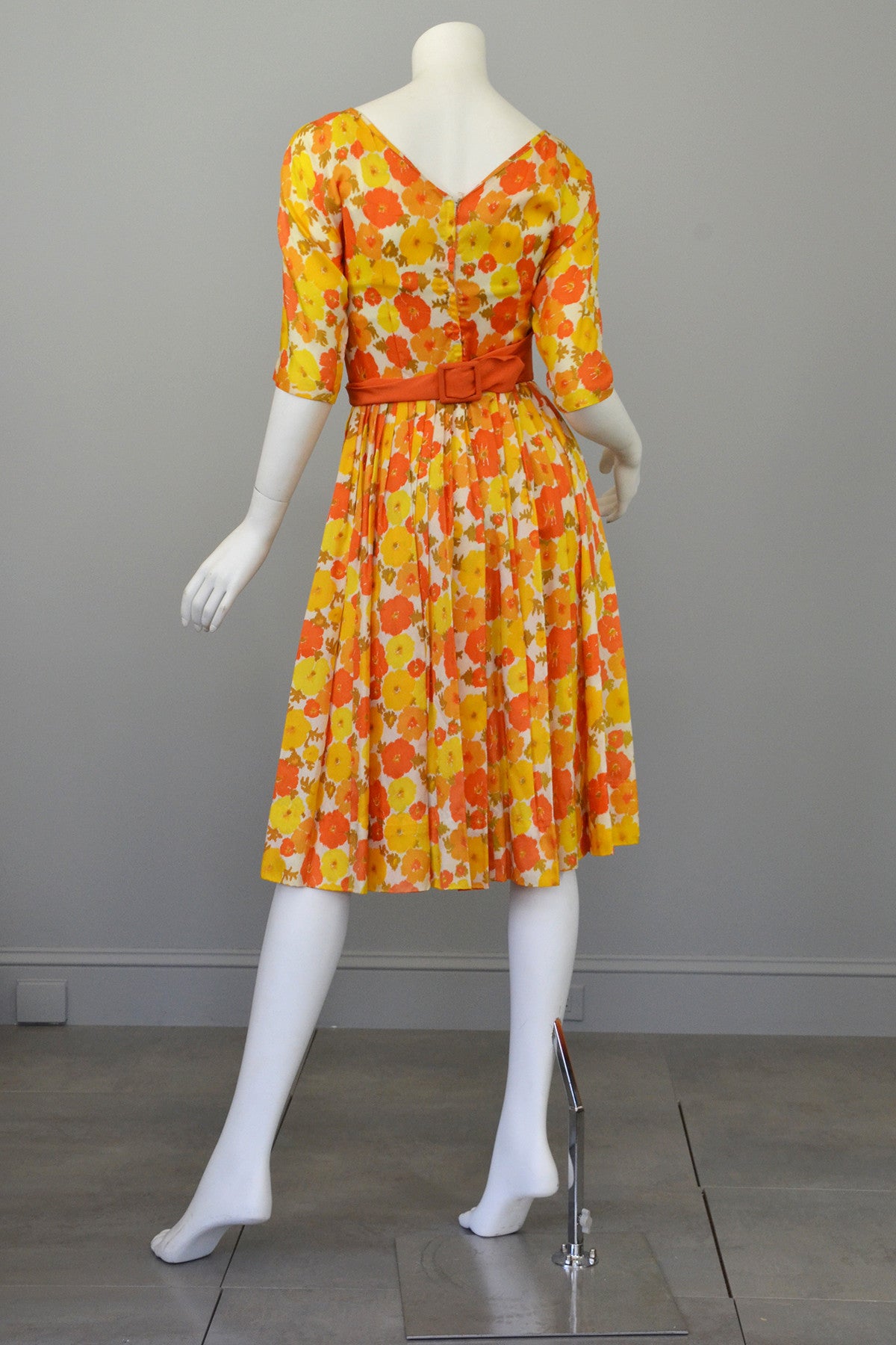 1960s Sunshine Yellow and Orange Retro Flower Print Vintage Party Dres ...