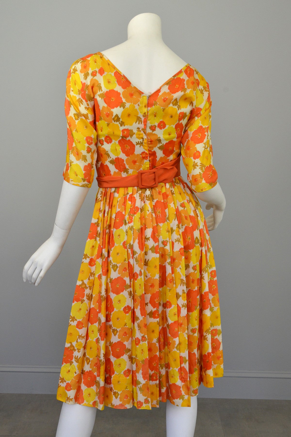 1960s Sunshine Yellow and Orange Retro Flower Print Vintage Party Dress Mad Men