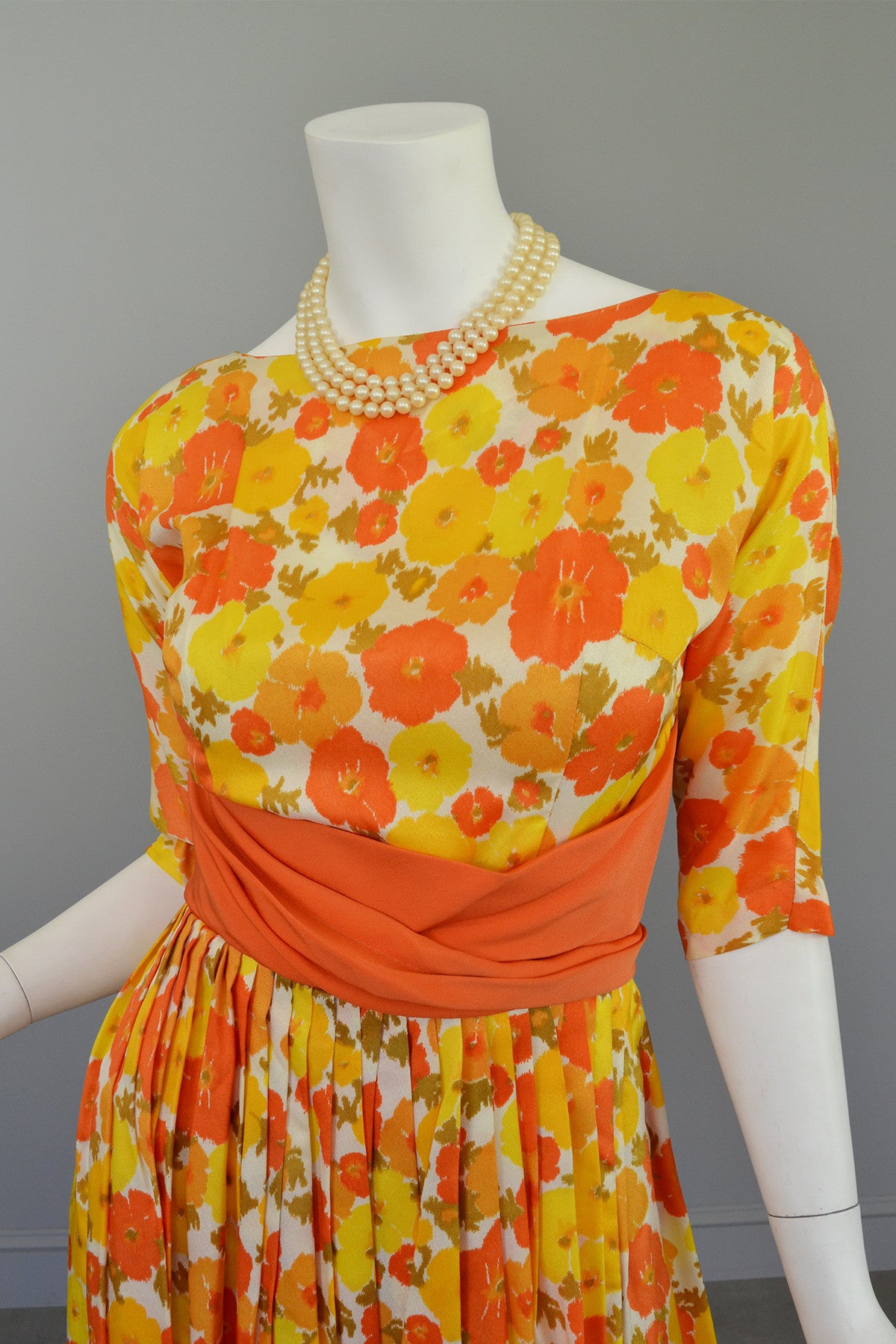 1960s Sunshine Yellow and Orange Retro Flower Print Vintage Party Dress Mad Men