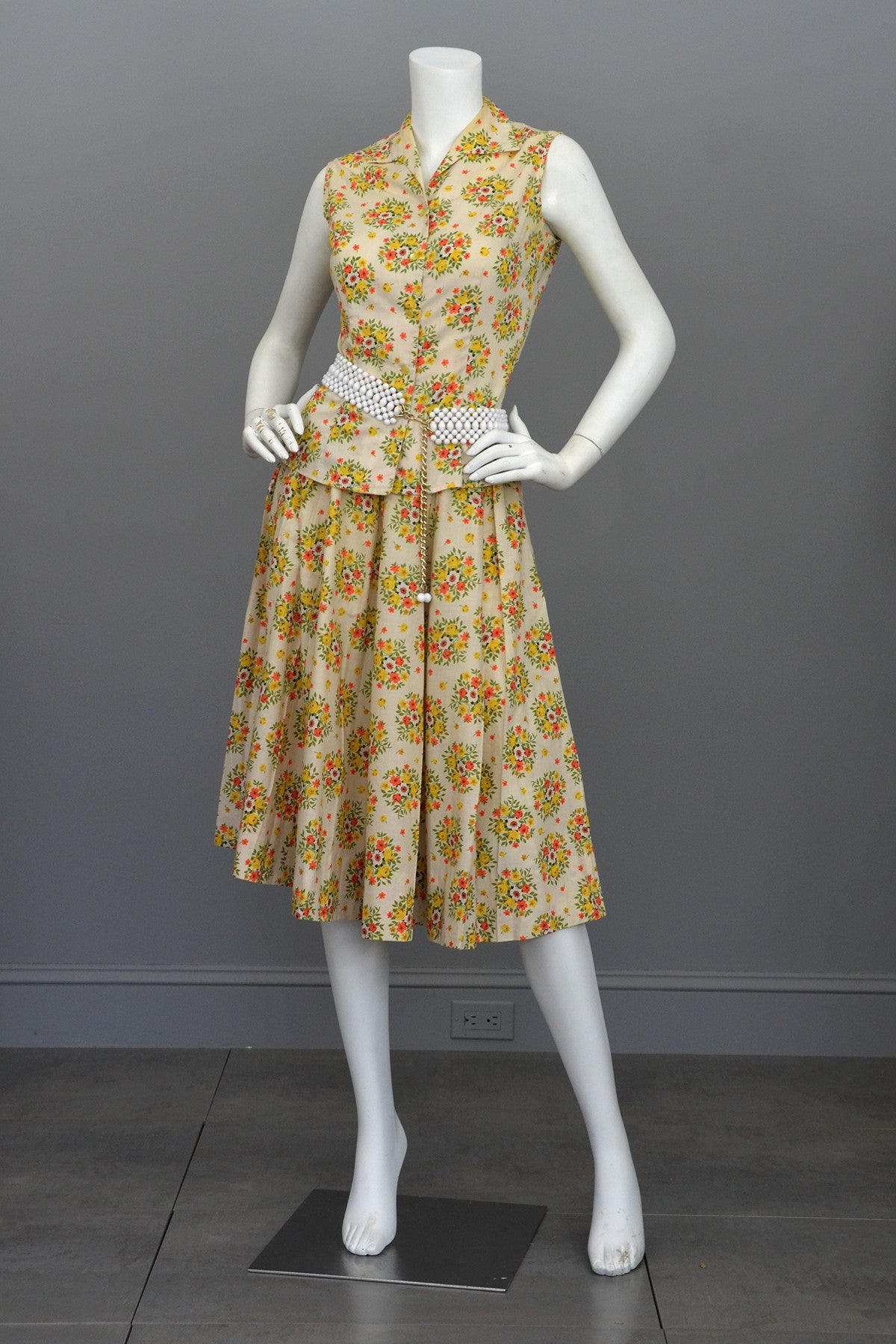 Vintage 1950's Cotton Yellow Rose Print Skirt and Top Dress Vintage 1950's Cotton Yellow Rose Print Skirt and Top Dress