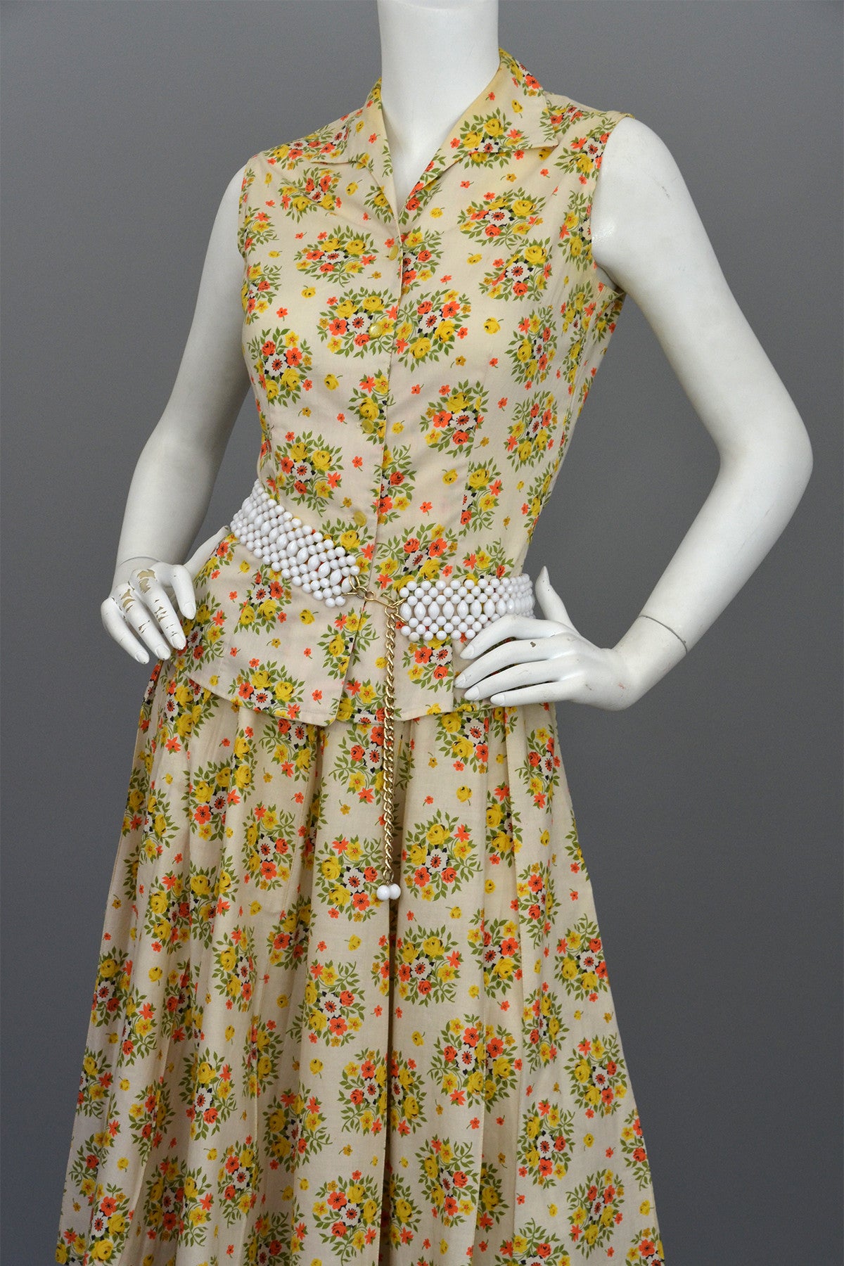 yellow rose dress Vintage 1950's Cotton Yellow Rose Print Skirt and Top Dress