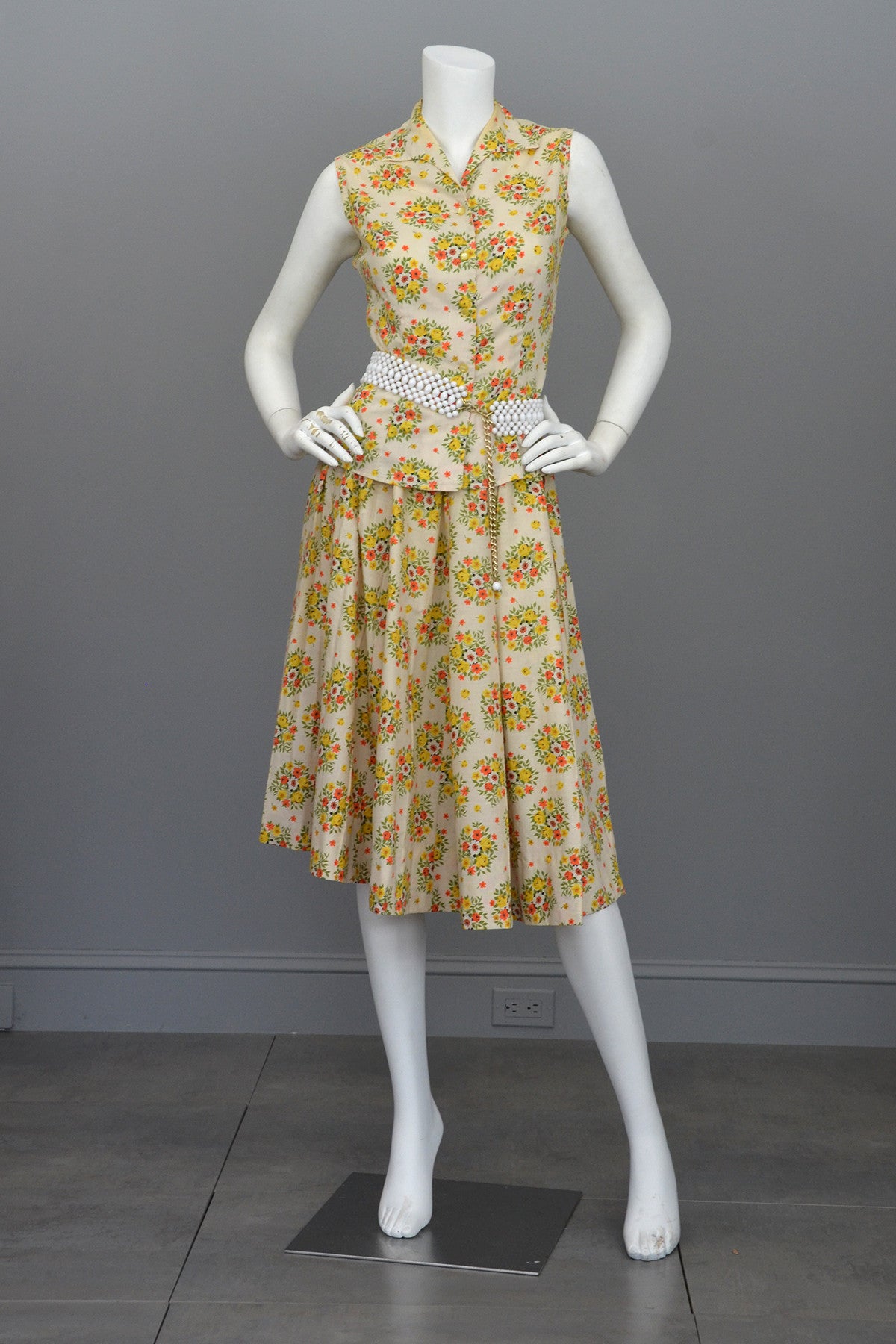 Vintage 1950's Cotton Yellow Rose Print Skirt and Top Dress