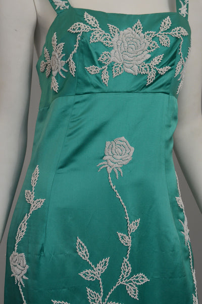Aqua Silk Sheath Dress with Intricate Seed Bead Floral Design